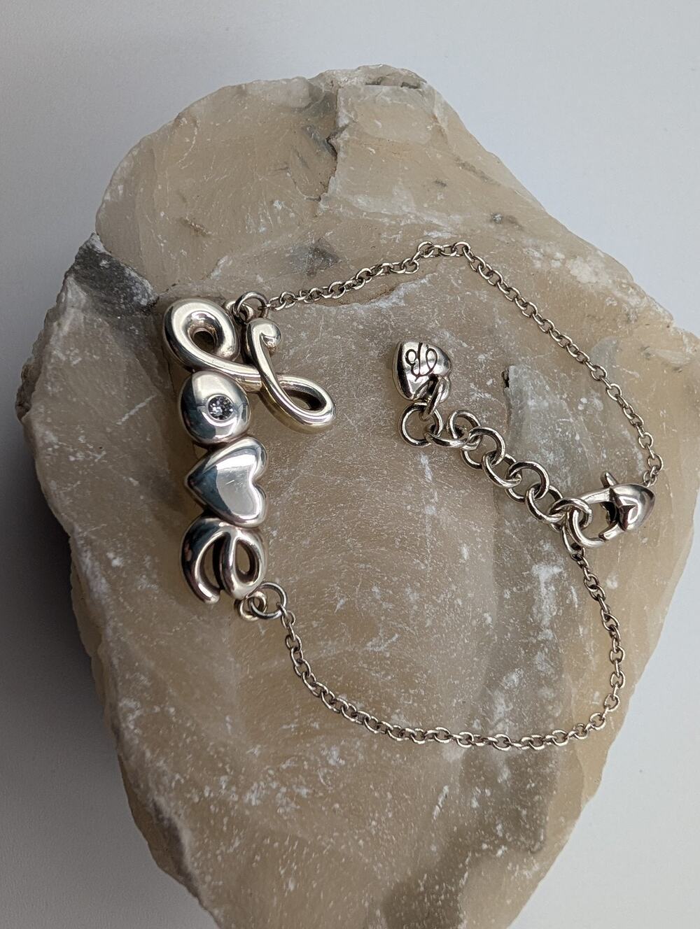 Brighton LOVE Script Charm Bracelet Silver Tone Adjustable Chain Clear Crystal